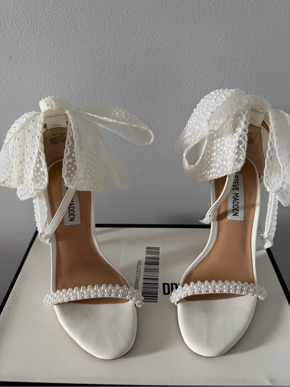 Steve Madden White Pearl-Trim Ankle-Tie Heels